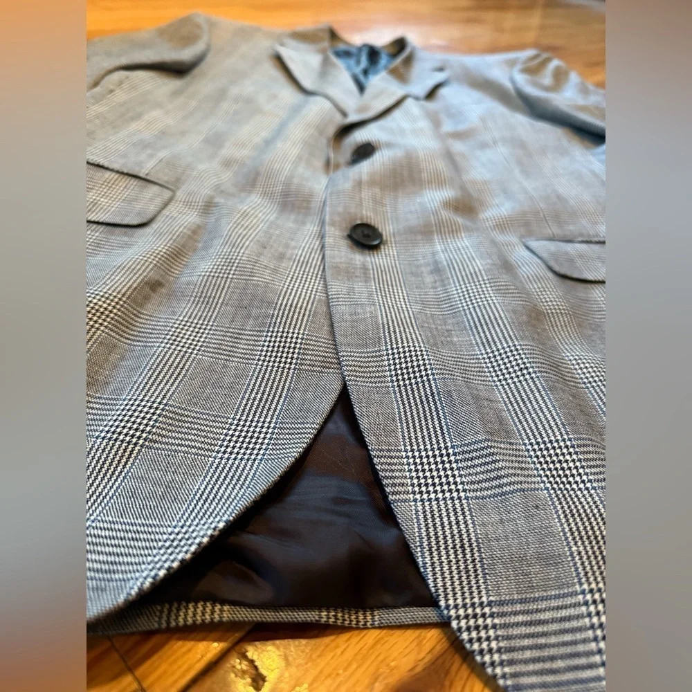 Brooks Brothers Blazer Mens 42L Blue/Black Linen/Wool Window Pane Jacket Sports